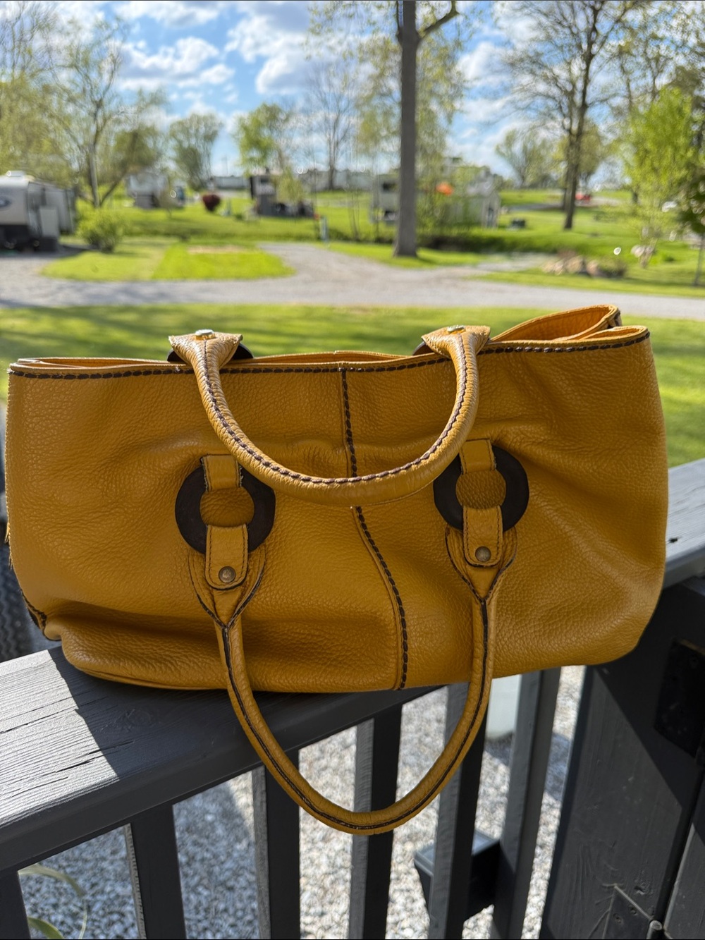 Plinio Visona Mustard Yellow Pebbled Leather Tote with Dark Ring Hardware